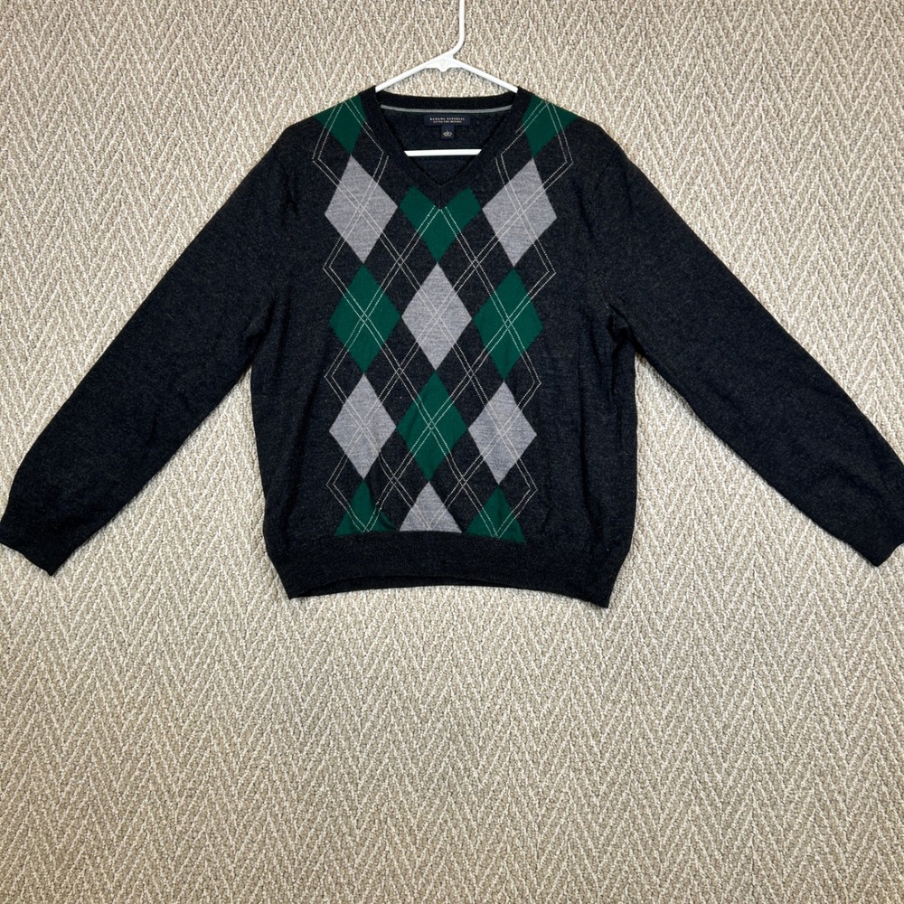Banana Republic Sweater Mens Large Gray Merino Wool Argyle V Neck